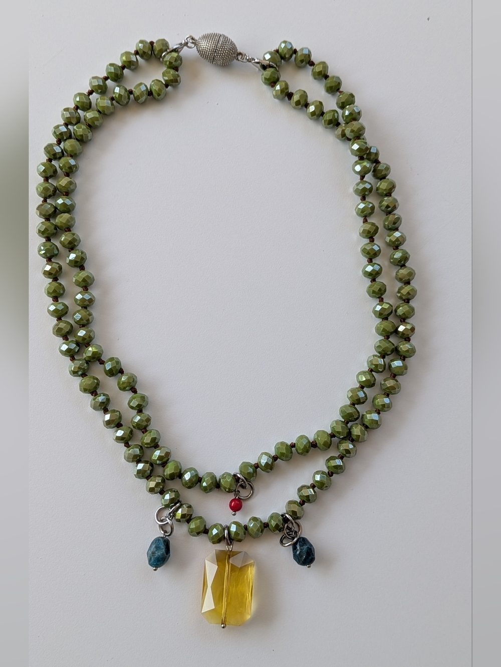 Katia Designs Green Olivine Crystal Necklace Yellow, Aqua, Red Accent Beads